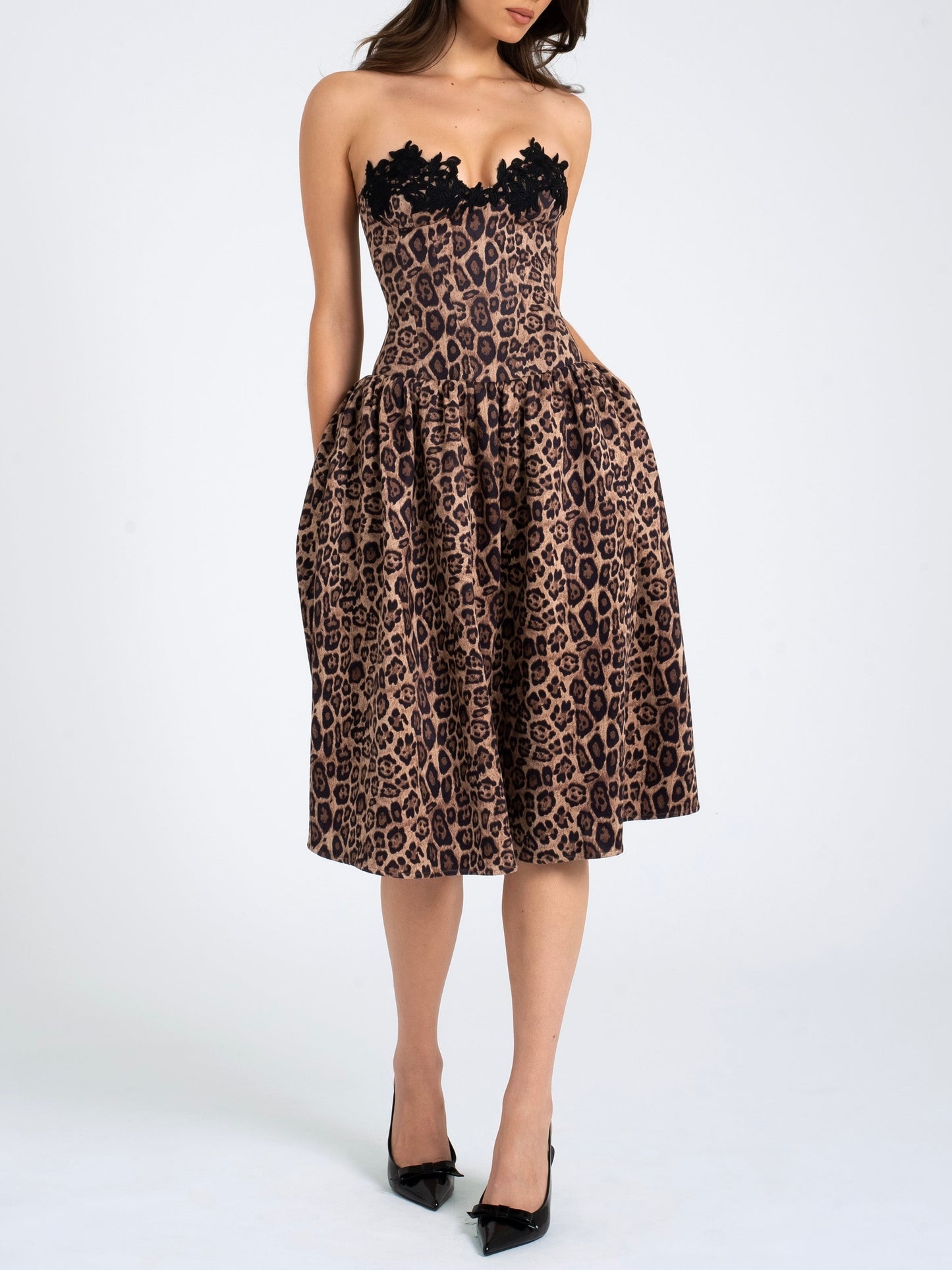 Cheetah Print Midi Dress with lace trim.
