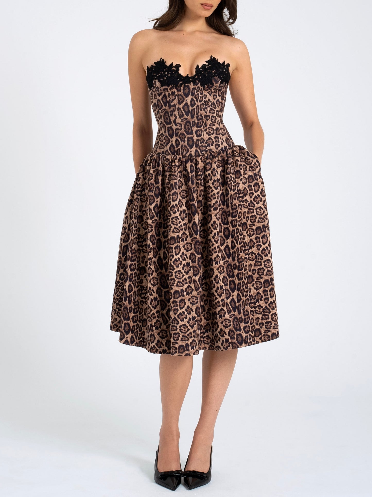Cheetah Print Midi Dress with lace trim.