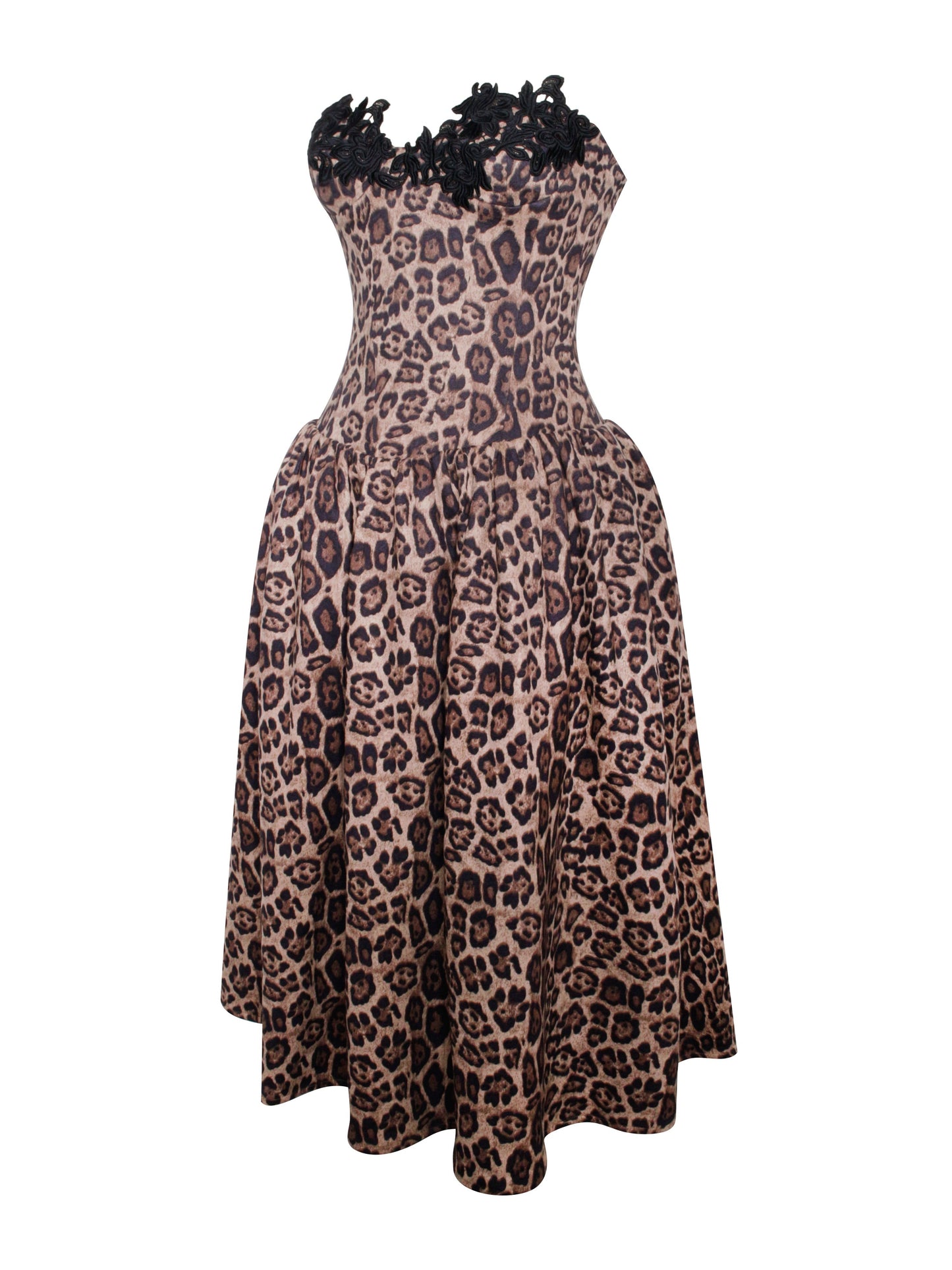 Cheetah Print Midi Dress with lace trim.