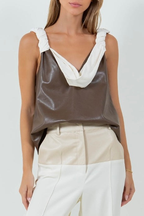 Coffe & White Draped Top