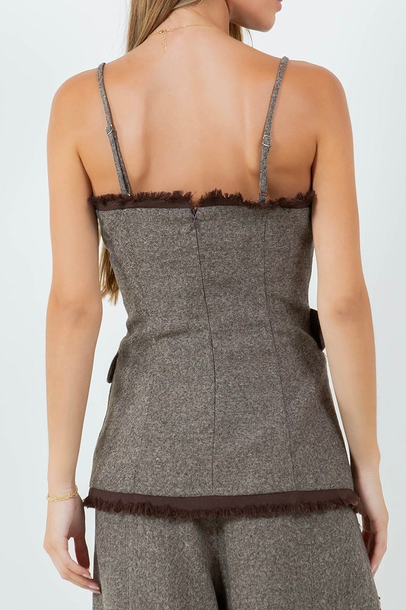 Gray Wool Vest and Wide-Leg Pants Set with Brown Details