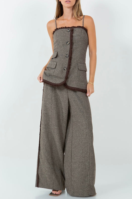 Gray Wool Vest and Wide-Leg Pants Set with Brown Details