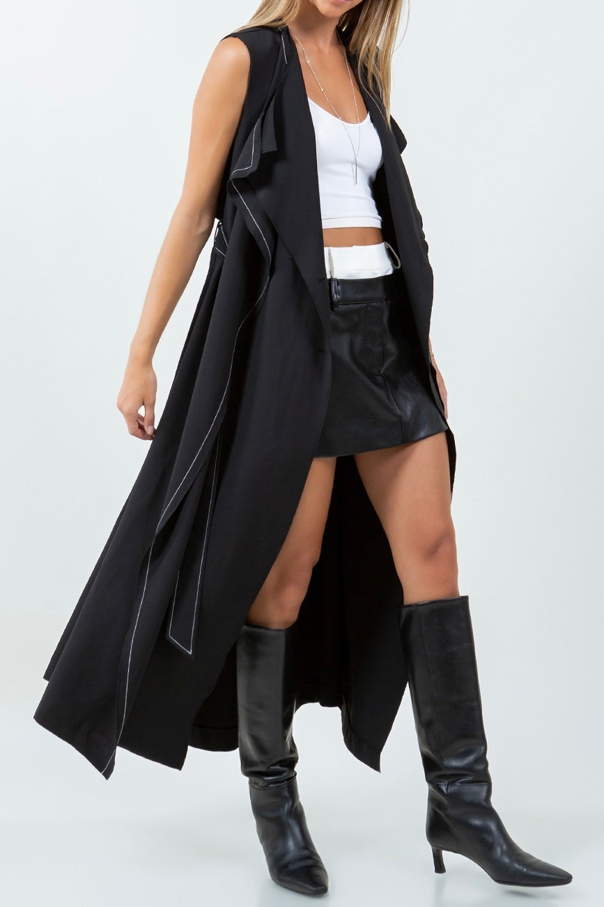 DOUBLE LAPEL LONG LINE STRUCTURED SLEEVELESS CAPE DRESS BOLD