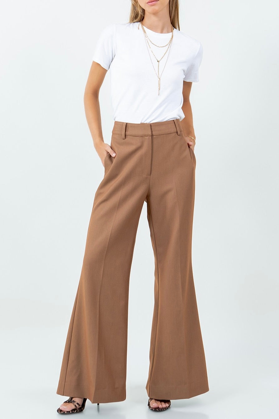 CAMEL FIT AND FLARE WOVEN TROUSERS