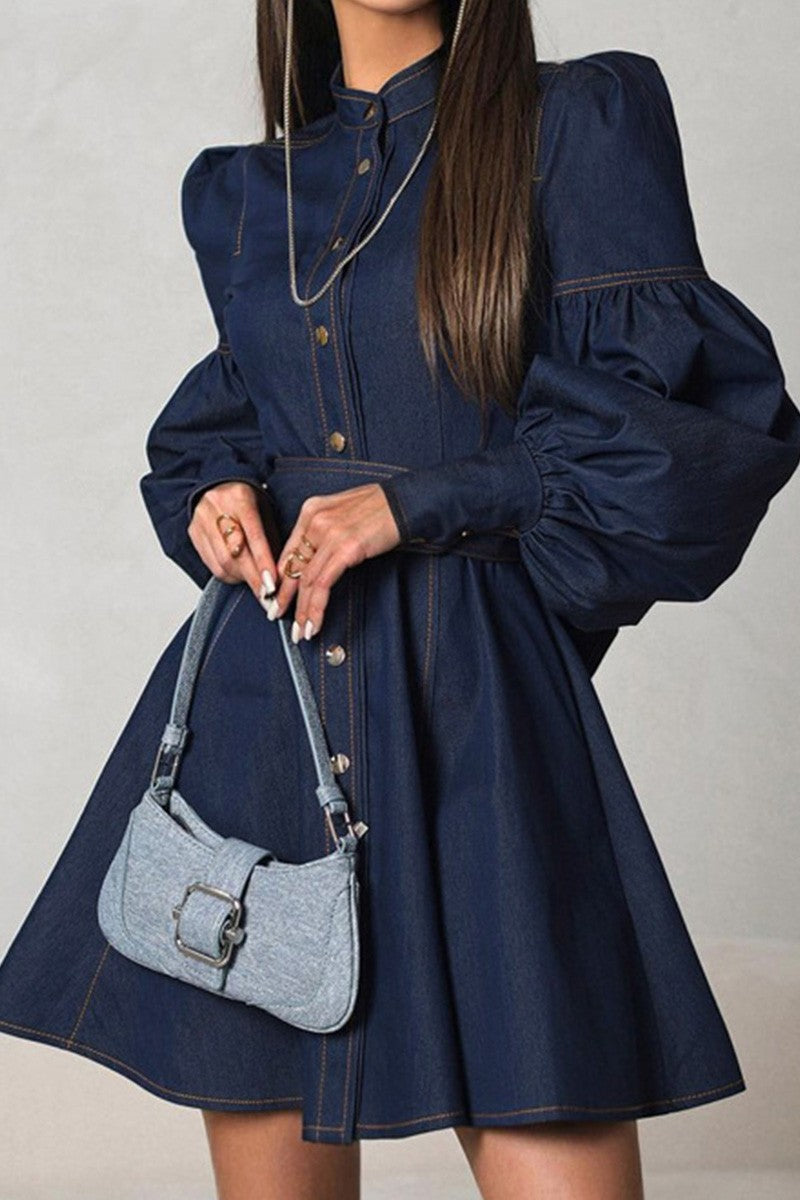 Dark Denim Puff Sleeve Dress