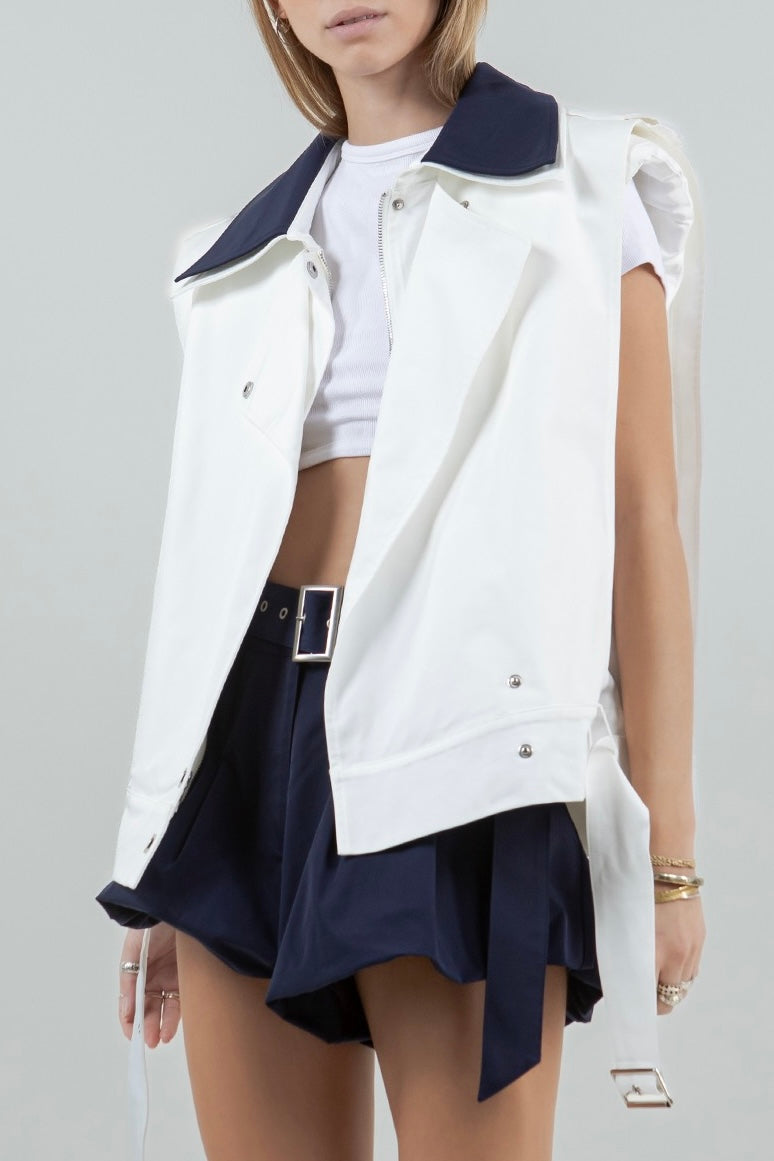 DOUBLE CONTRAST COLLAR COTTON VEST W BELt