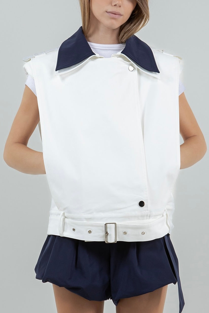 DOUBLE CONTRAST COLLAR COTTON VEST W BELt