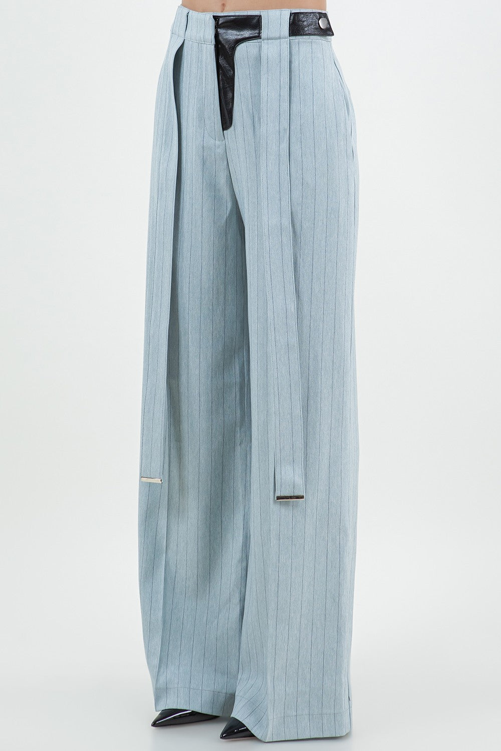 PINSTRIPE PU COMBO TROUSERS WITH STRAP DETAILS