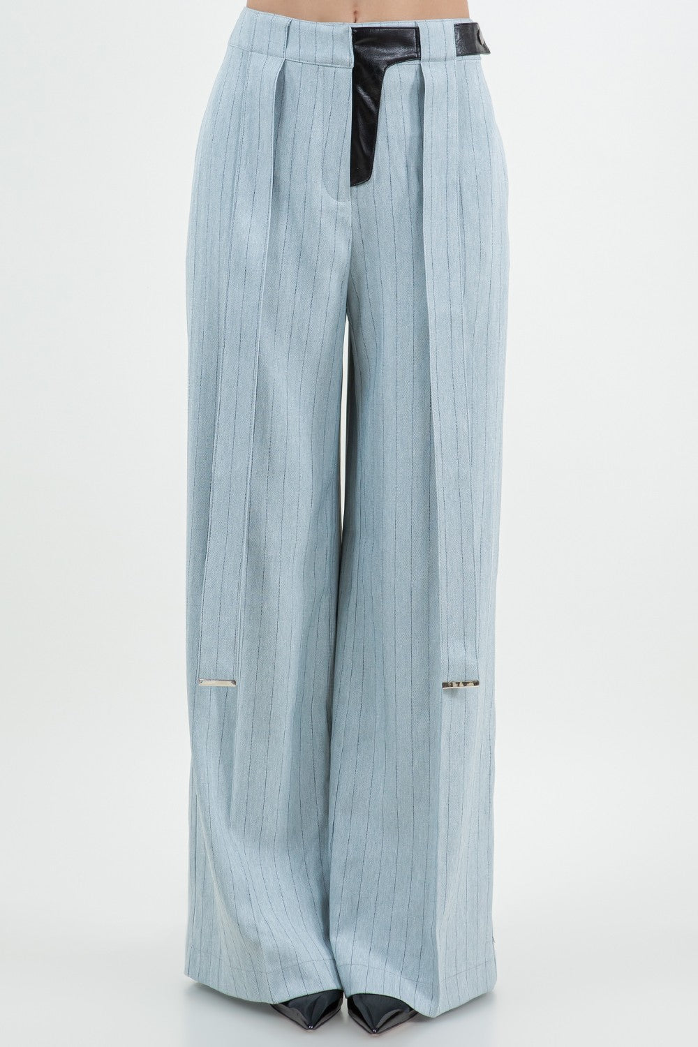 PINSTRIPE PU COMBO TROUSERS WITH STRAP DETAILS