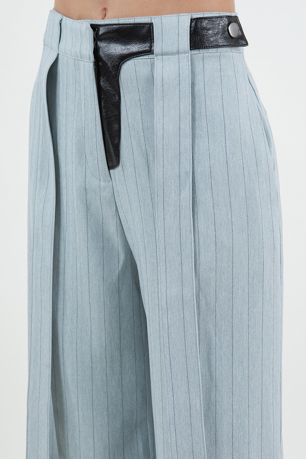 PINSTRIPE PU COMBO TROUSERS WITH STRAP DETAILS