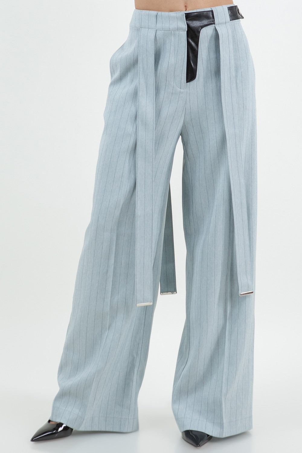 PINSTRIPE PU COMBO TROUSERS WITH STRAP DETAILS