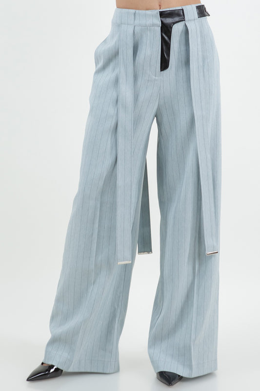 PINSTRIPE PU COMBO TROUSERS WITH STRAP DETAILS