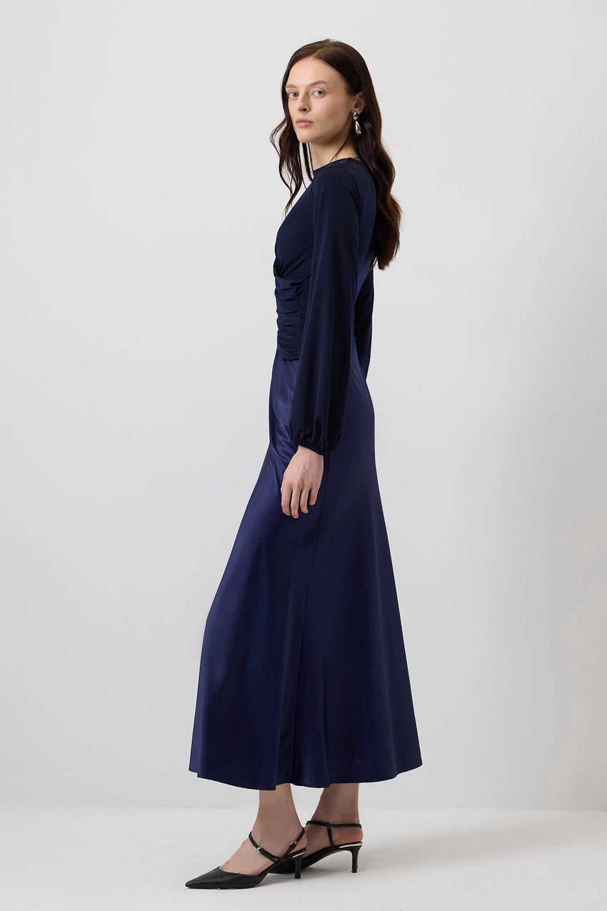 Draped Front Pleated Hem Blouse with Ballon Sleeves