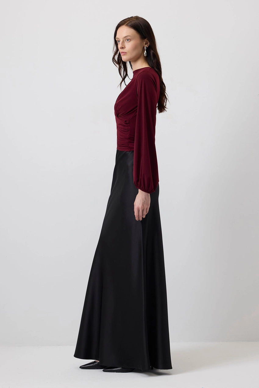Draped Front Pleated Hem Blouse with Ballon Sleeves