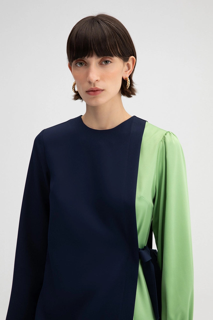Colorblock Side-Tie Long Sleeve Maxi Dress