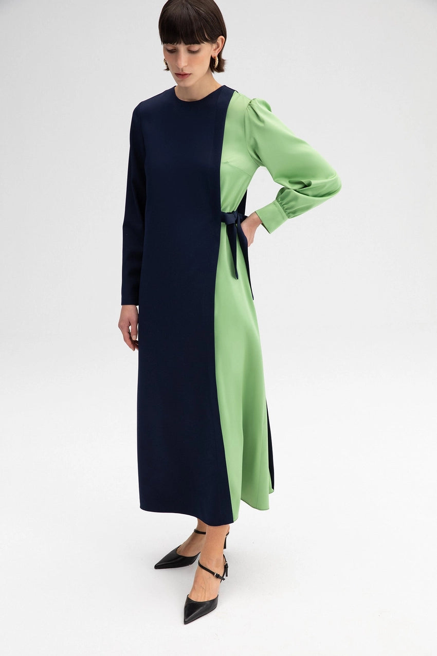 Colorblock Side-Tie Long Sleeve Maxi Dress
