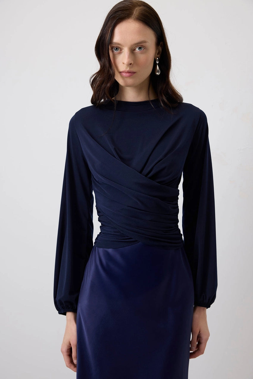 Draped Front Pleated Hem Blouse with Ballon Sleeves