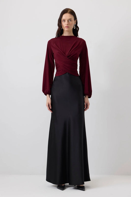 Draped Front Pleated Hem Blouse with Ballon Sleeves