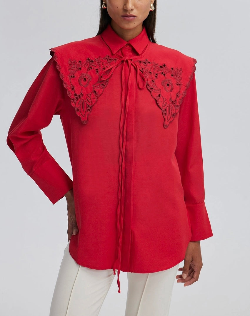Embroidered Wide Collar Statement Shirt - Cotton Blend