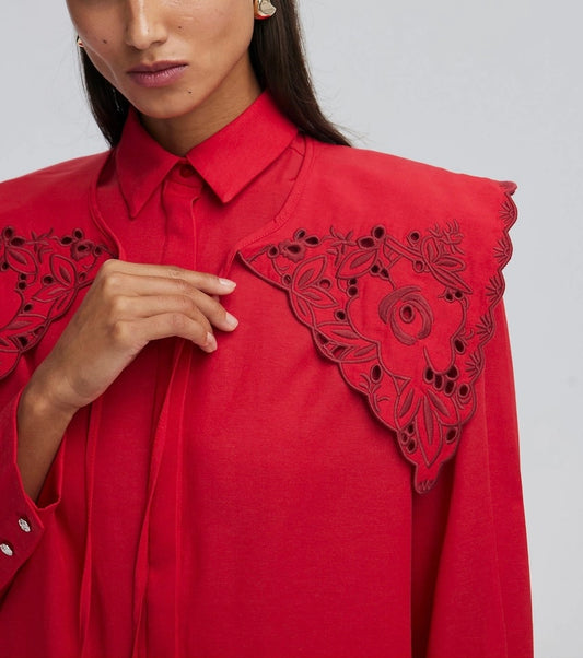 Embroidered Wide Collar Statement Shirt - Cotton Blend