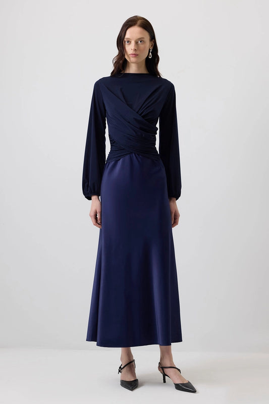 Draped Front Pleated Hem Blouse with Ballon Sleeves
