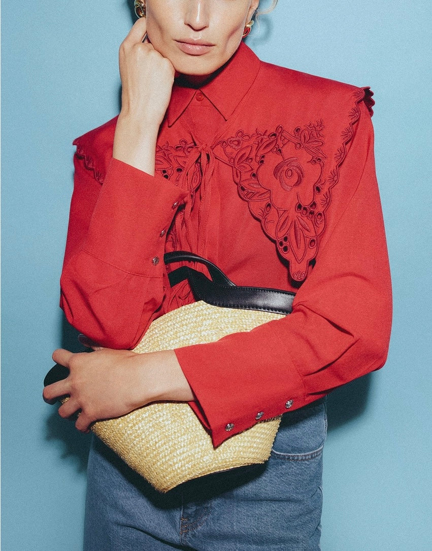 Embroidered Wide Collar Statement Shirt - Cotton Blend