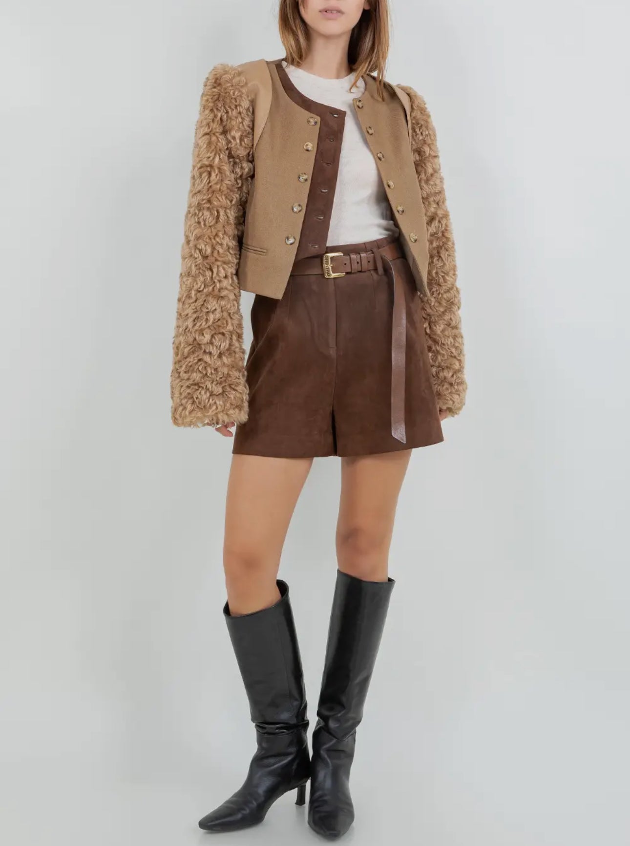 05 - Pu + Sherpa Combo Ultra Cropped Bolero Moto Jacket - Mocha