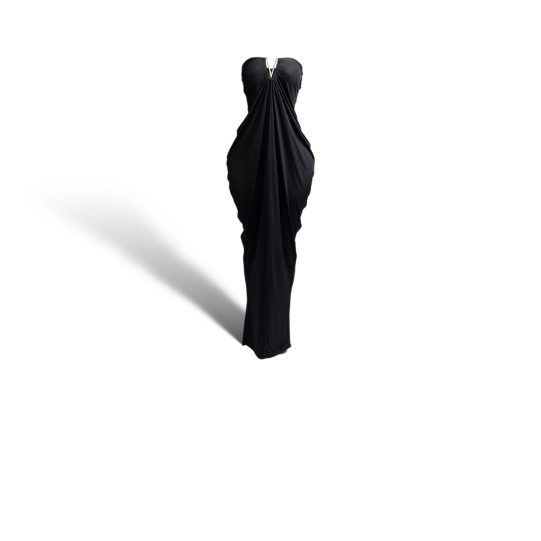 V shape trim detailed draping body strapless maxi
