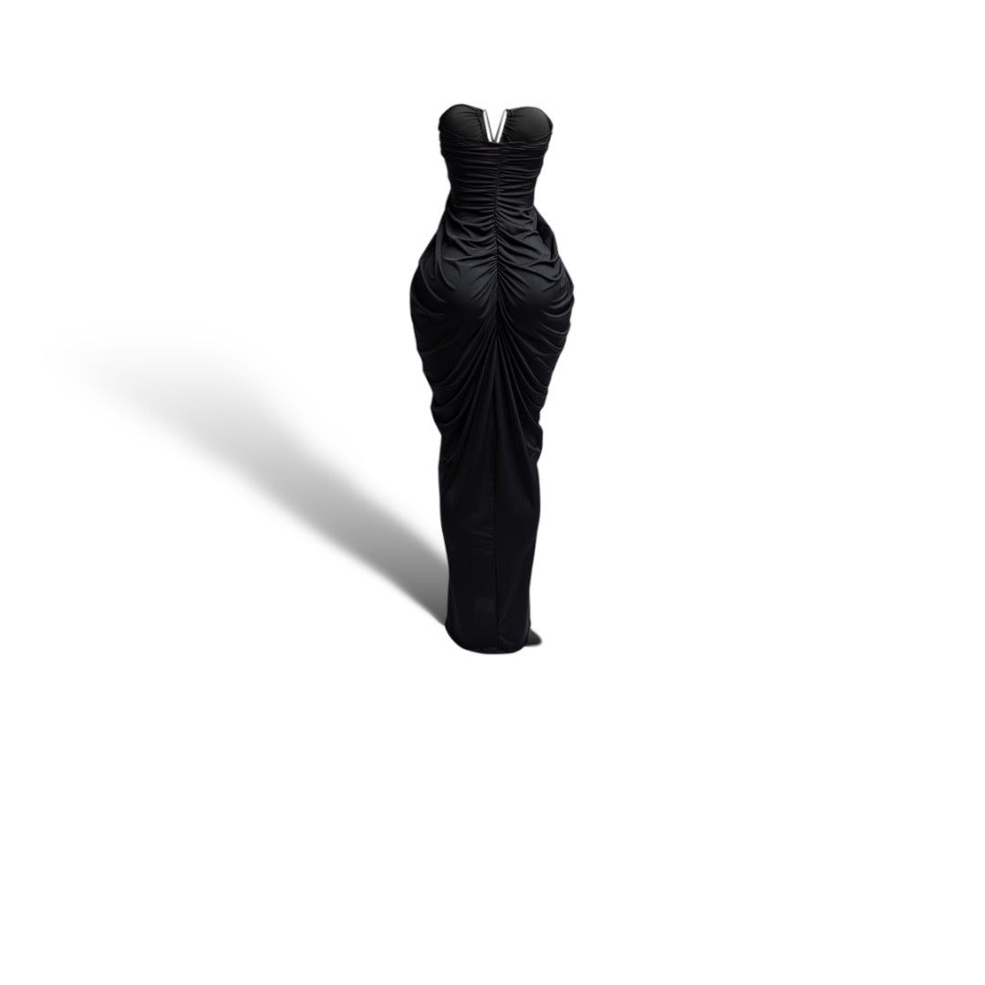 V shape trim detailed draping body strapless maxi