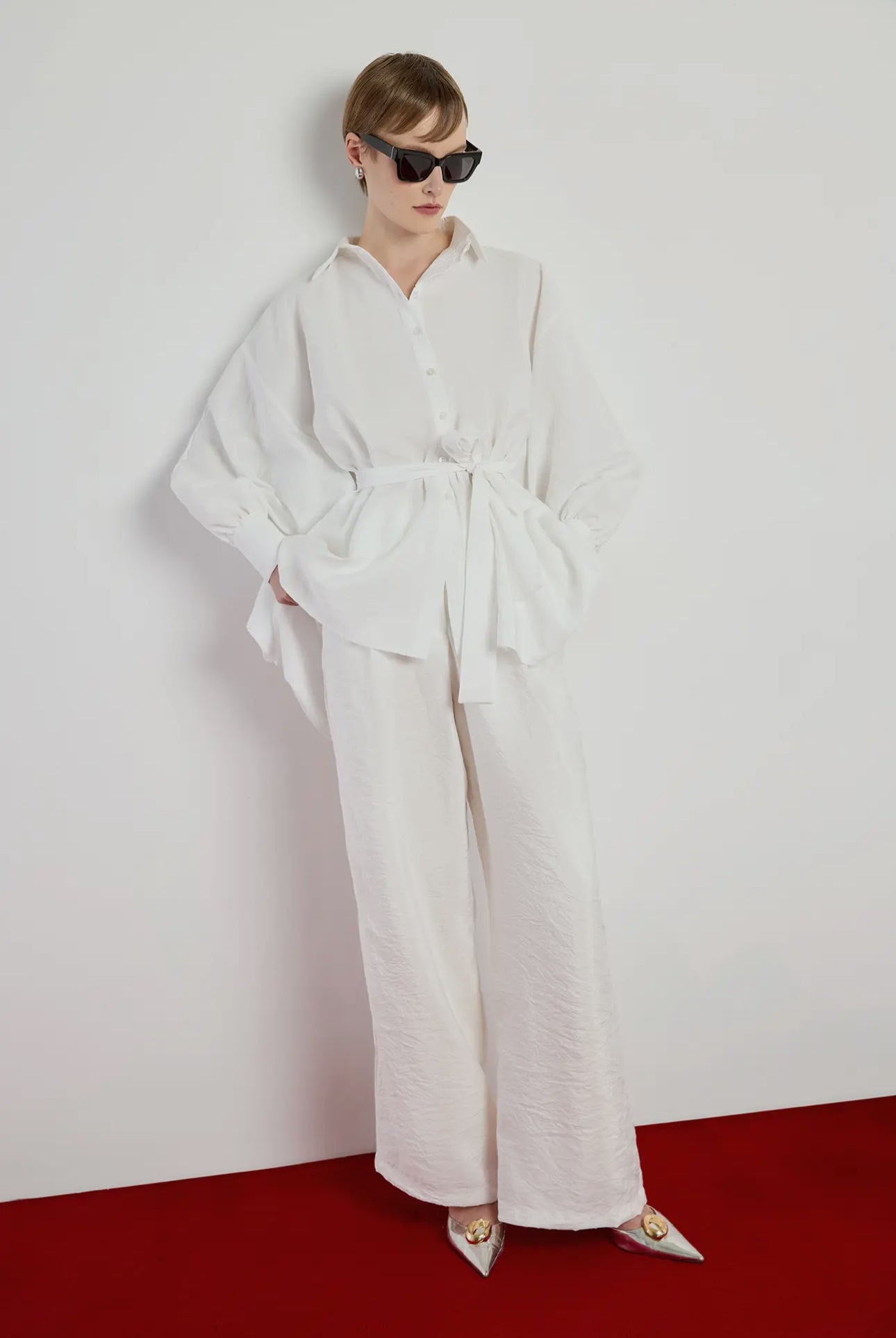 Bat wing sleeves Asymmetric Belted Shirt in Cupro-Look