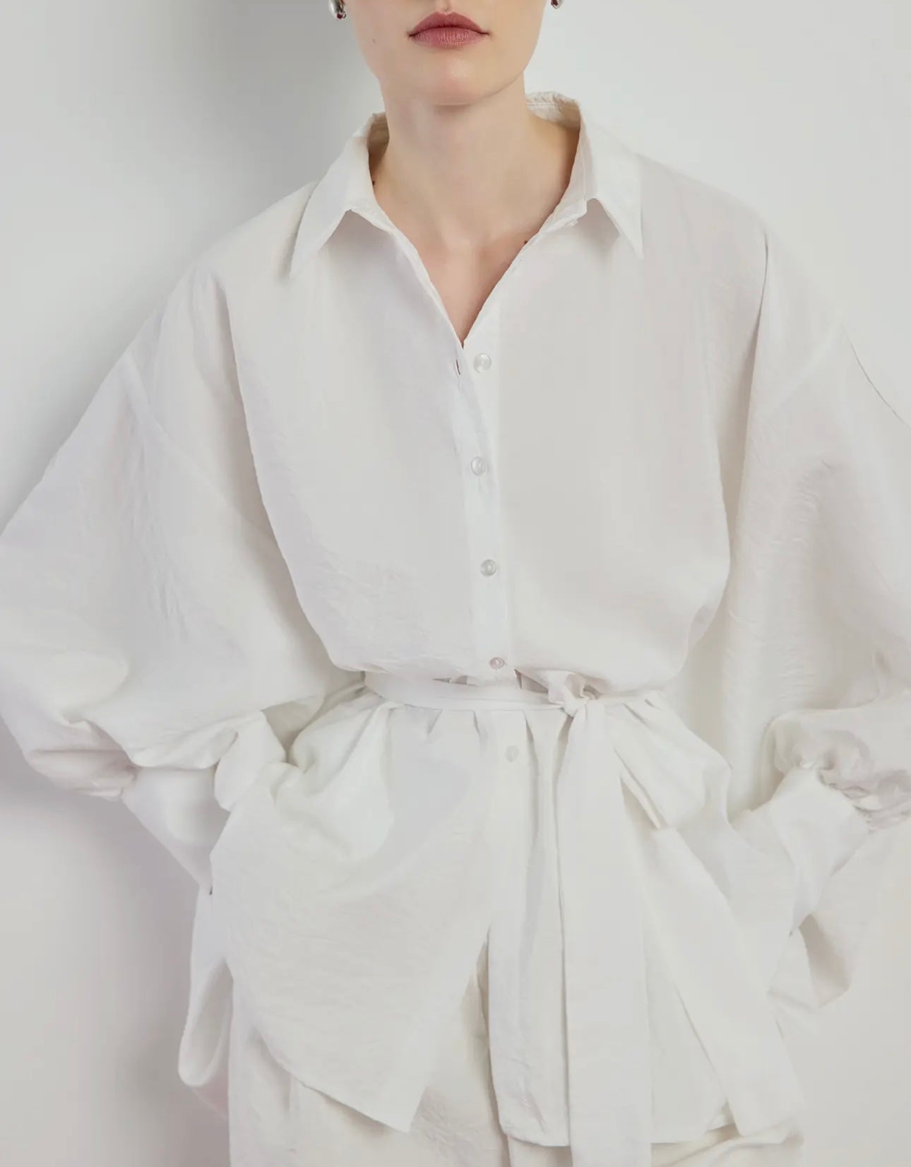Bat wing sleeves Asymmetric Belted Shirt in Cupro-Look