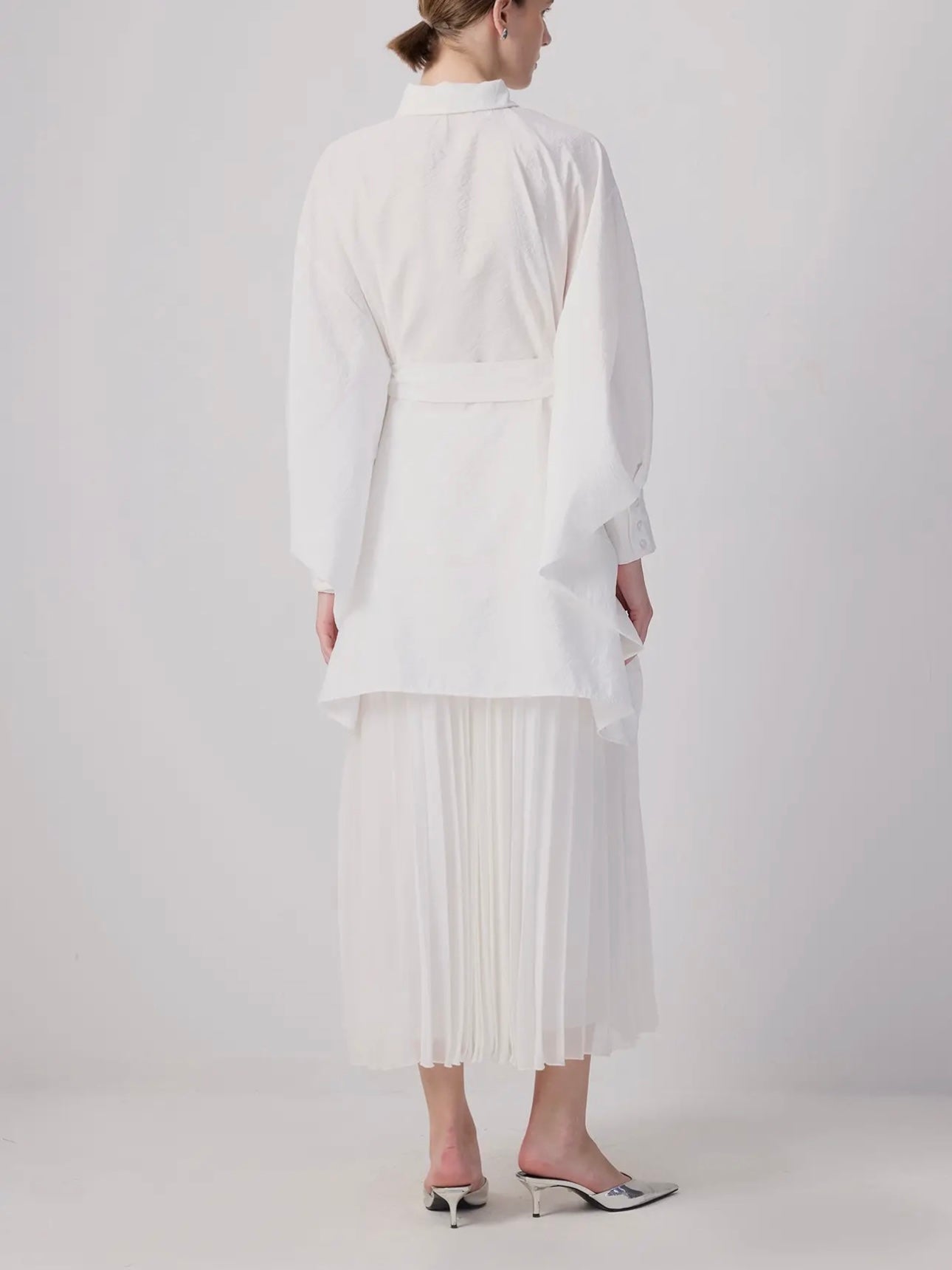 Bat wing sleeves Asymmetric Belted Shirt in Cupro-Look