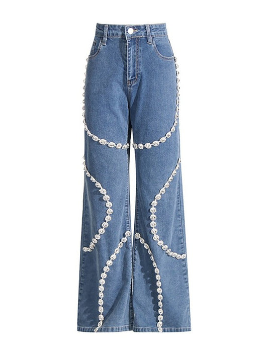 Mid-waist Rhinestone Straight Jeans