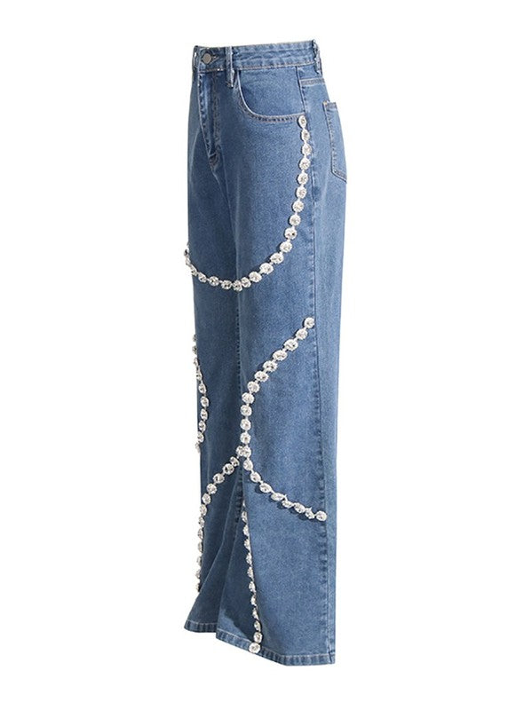 Mid-waist Rhinestone Straight Jeans