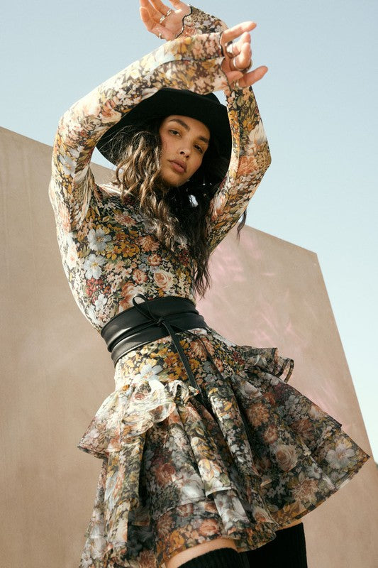 Floral Mesh And Organza Ruffled Mini Dress