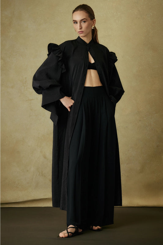 Ruffled Maxi Shirt Dress with Statements Sleeves
