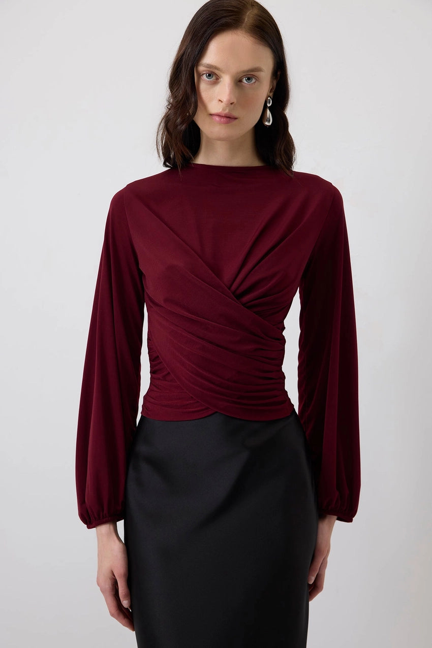Draped Front Pleated Hem Blouse with Ballon Sleeves