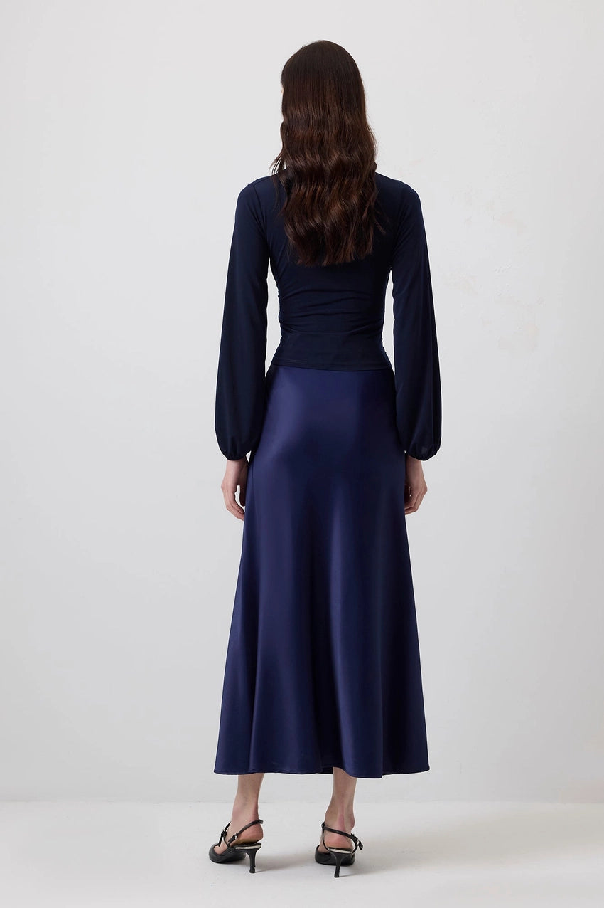Draped Front Pleated Hem Blouse with Ballon Sleeves