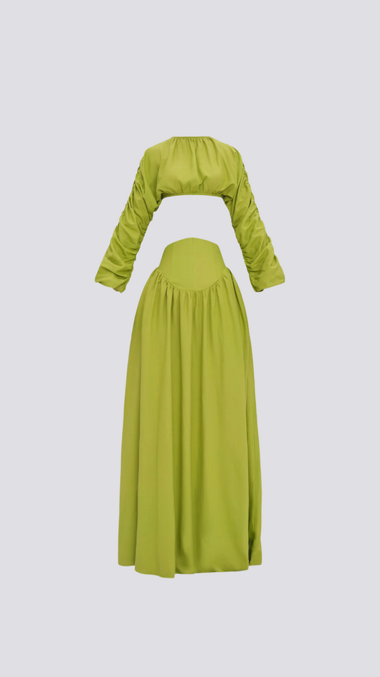 Leaf-Bubble Sleeve Maxi Skirt Set