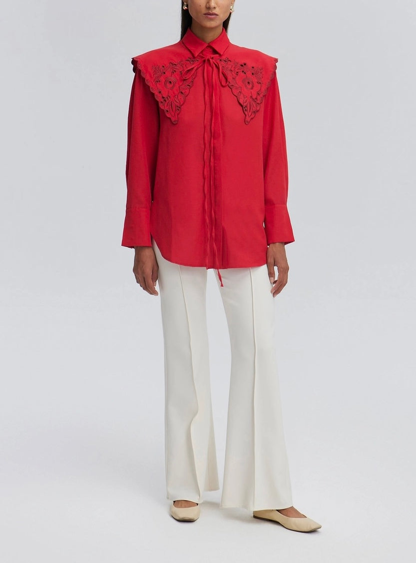Embroidered Wide Collar Statement Shirt - Cotton Blend