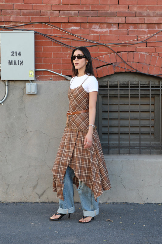 02 - Checkered A-line cami dress in brown and asymmetric