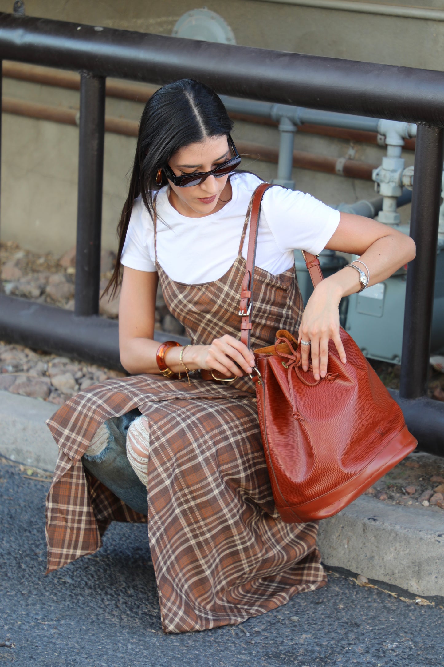 Checkered A-line cami dress in brown and asymmetric