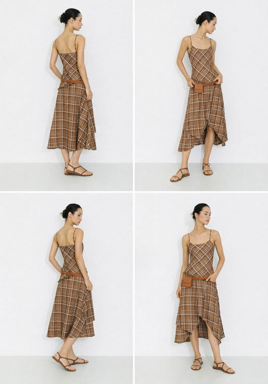 Checkered A-line cami dress in brown and asymmetric