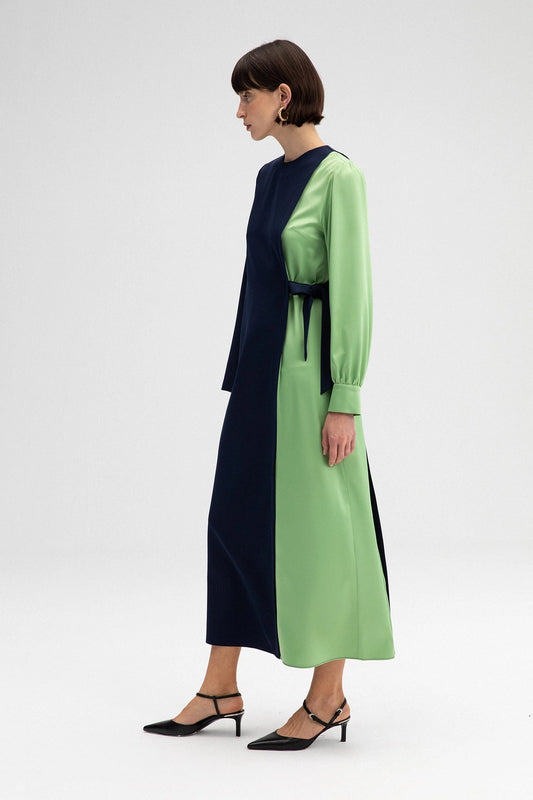 Colorblock Side-Tie Long Sleeve Maxi Dress