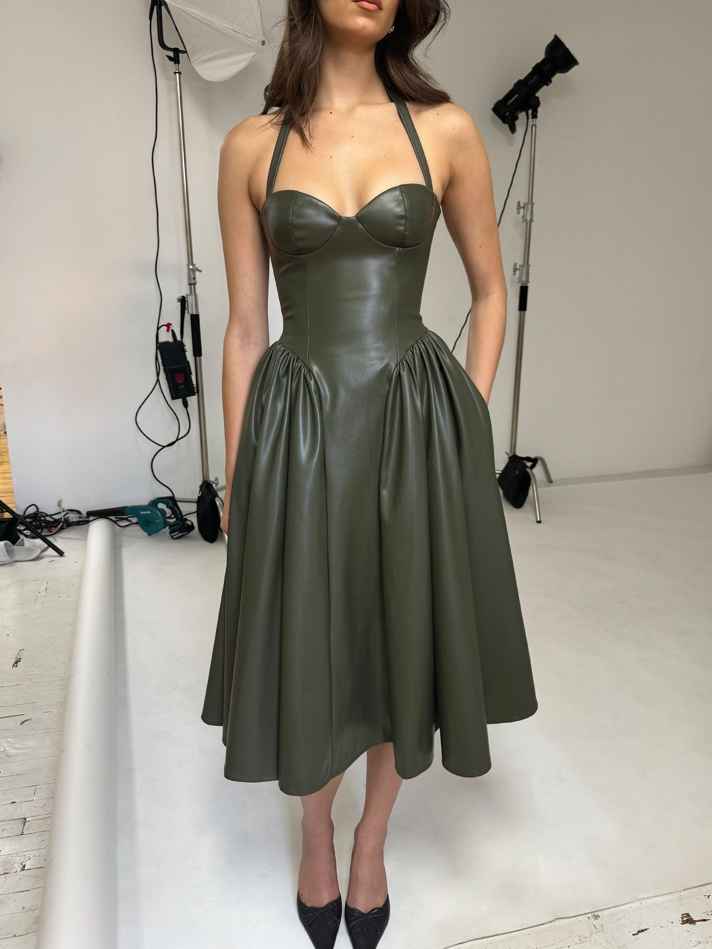 A Olive Green Vinyl Corset Dress