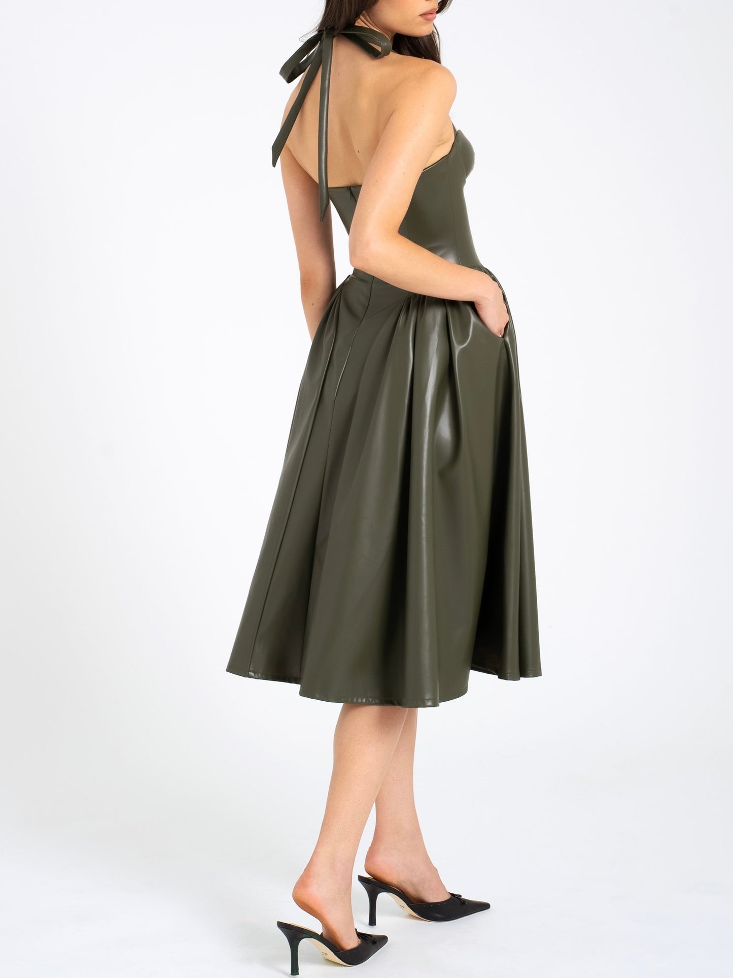 A Olive Green Vinyl Corset Dress