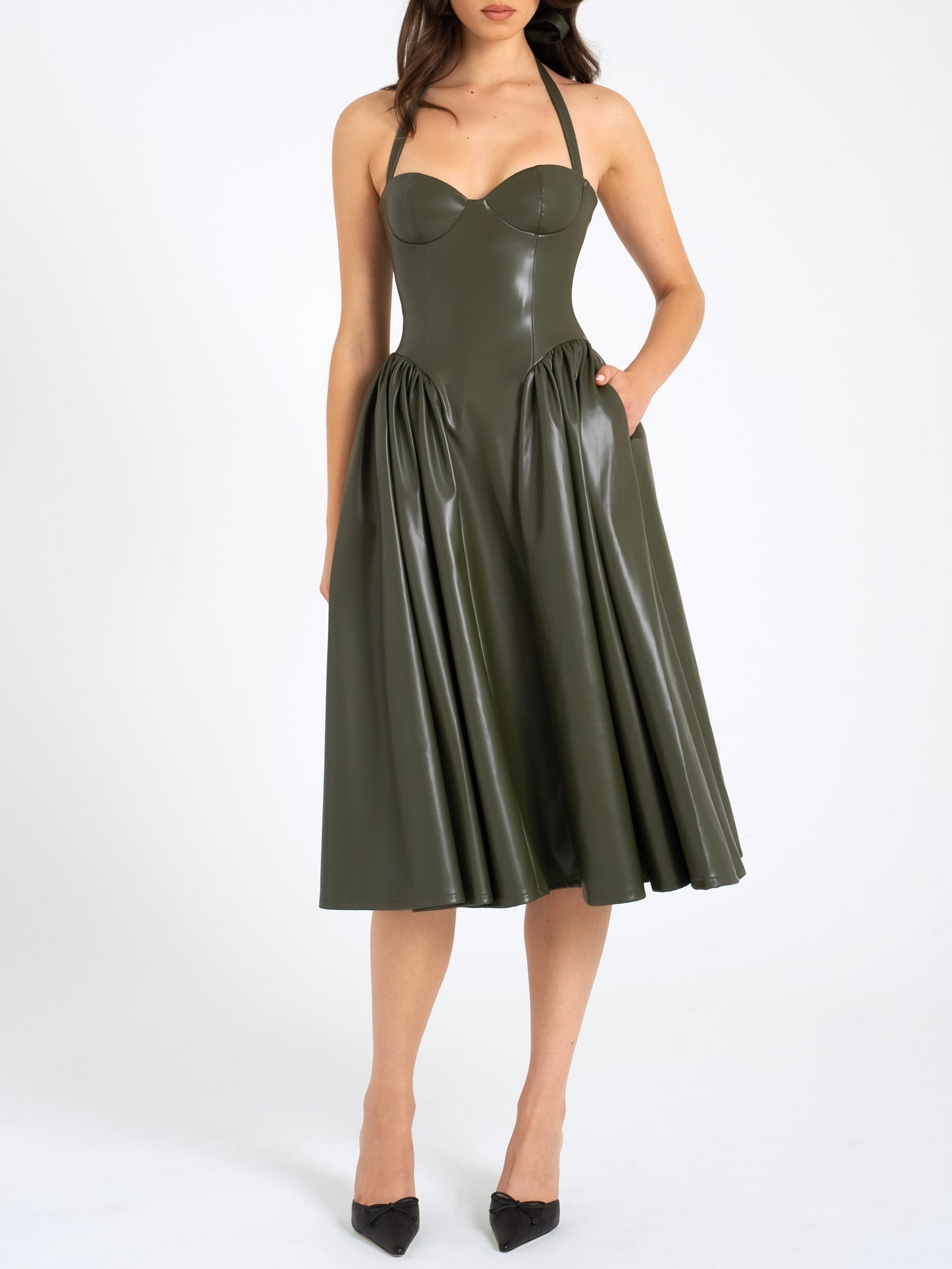 A Olive Green Vinyl Corset Dress