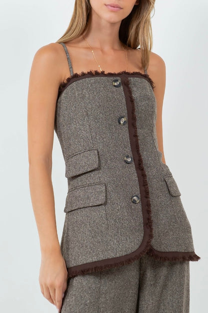 Gray Wool Vest and Wide-Leg Pants Set with Brown Details