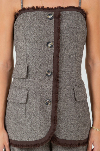 Gray Wool Vest and Wide-Leg Pants Set with Brown Details