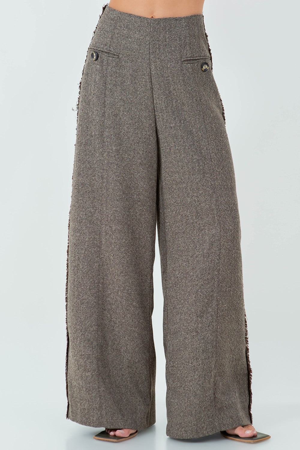 Gray Wool Vest and Wide-Leg Pants Set with Brown Details
